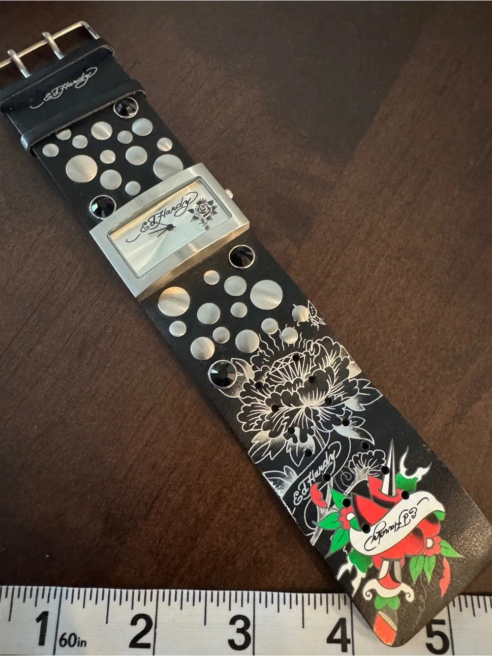 Women’s Ed Hardy Silver and Black Wide Leather Cuff Watch